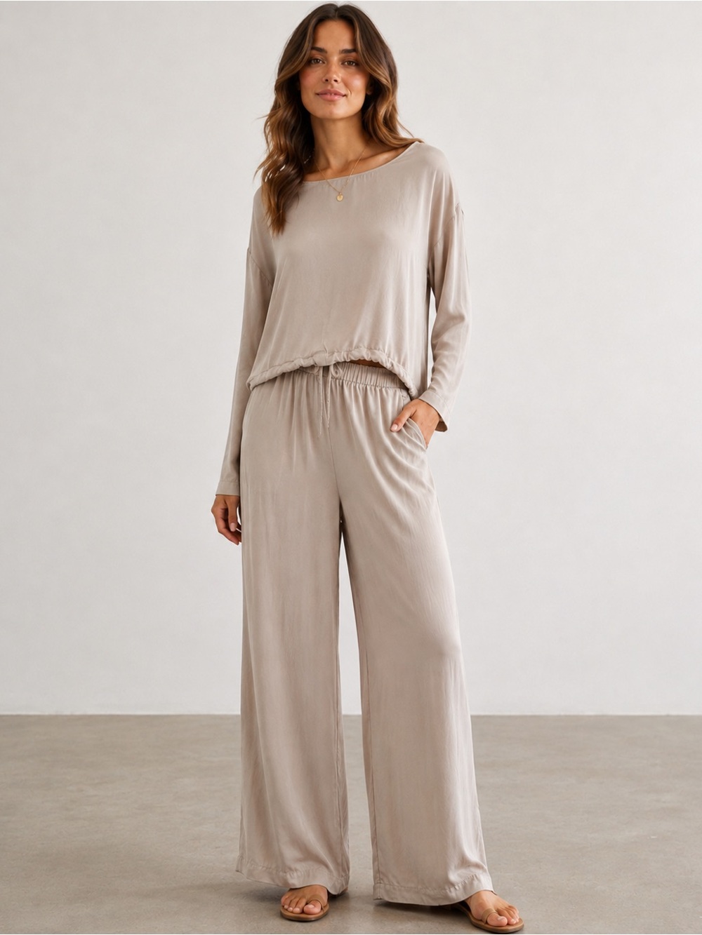 Zara Women’s 2 Piece Taupe Beige Lounge Set Top & Wide Leg Pants